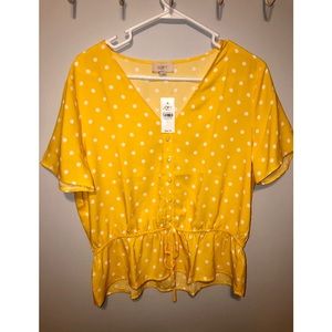 NWT. LOFT yellow polka dot peplum top with tie.